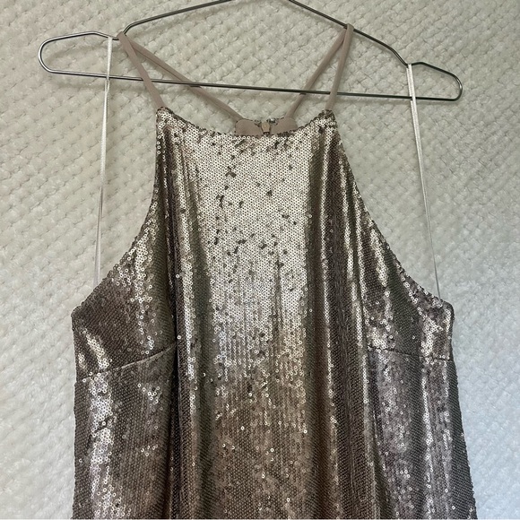 Halston Heritage Gold Sequin Mini Dress Halter Top Sleeveless Sz 12 - Picture 3 of 8